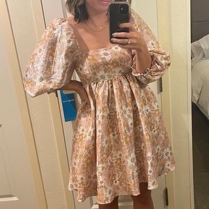 Boutique Pink Peach Mini Babydoll Dress with Puff Sleeves (Size Small)